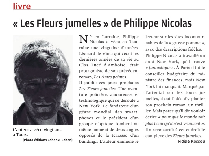Article de la Nouvelle République sur Les Fleurs jumelles de Philippe Nicolas